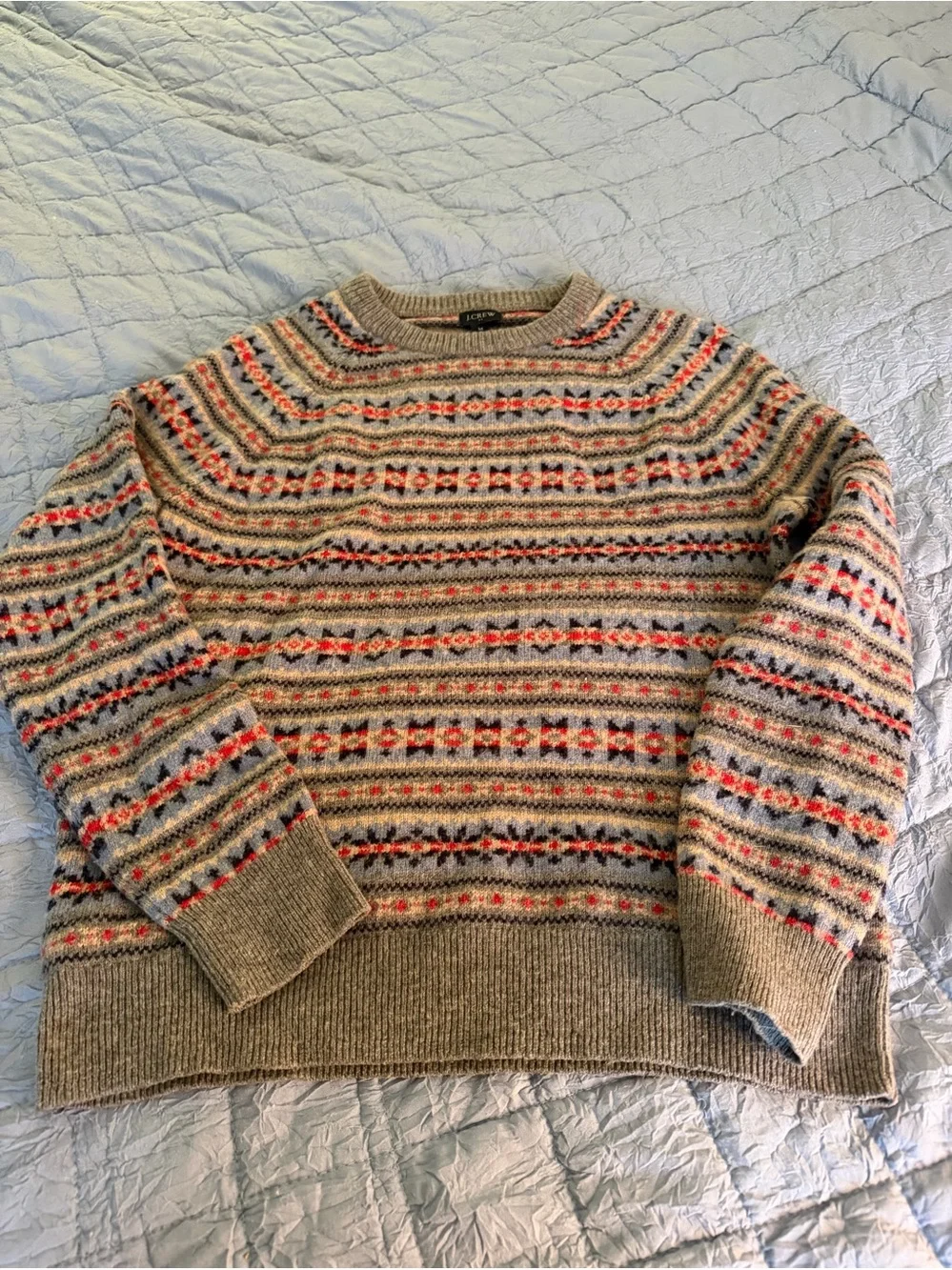 J. Crew Men's Fair Isle Crewneck Sweater in Heather Taupe Mens Medium